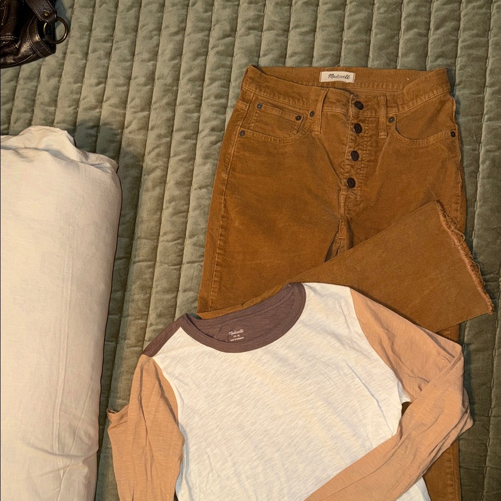 Madewell Tan Corduroy Button-Fly Pants and Matching Raglan T